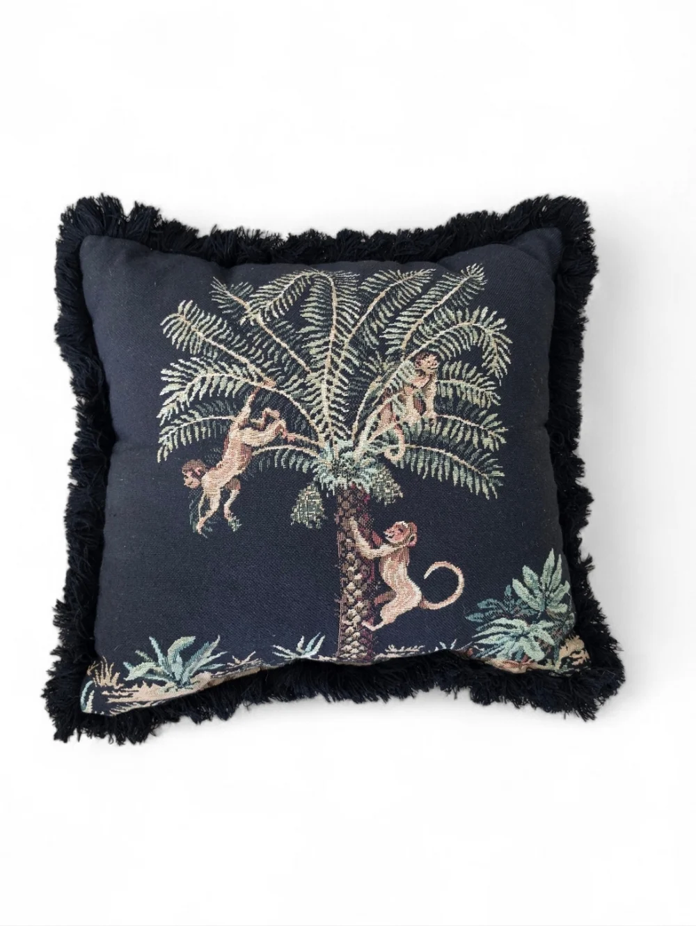 Vintage Monkey Palm Tree Tapestry Pillow – Fringe Trim Jungle Safari Decor